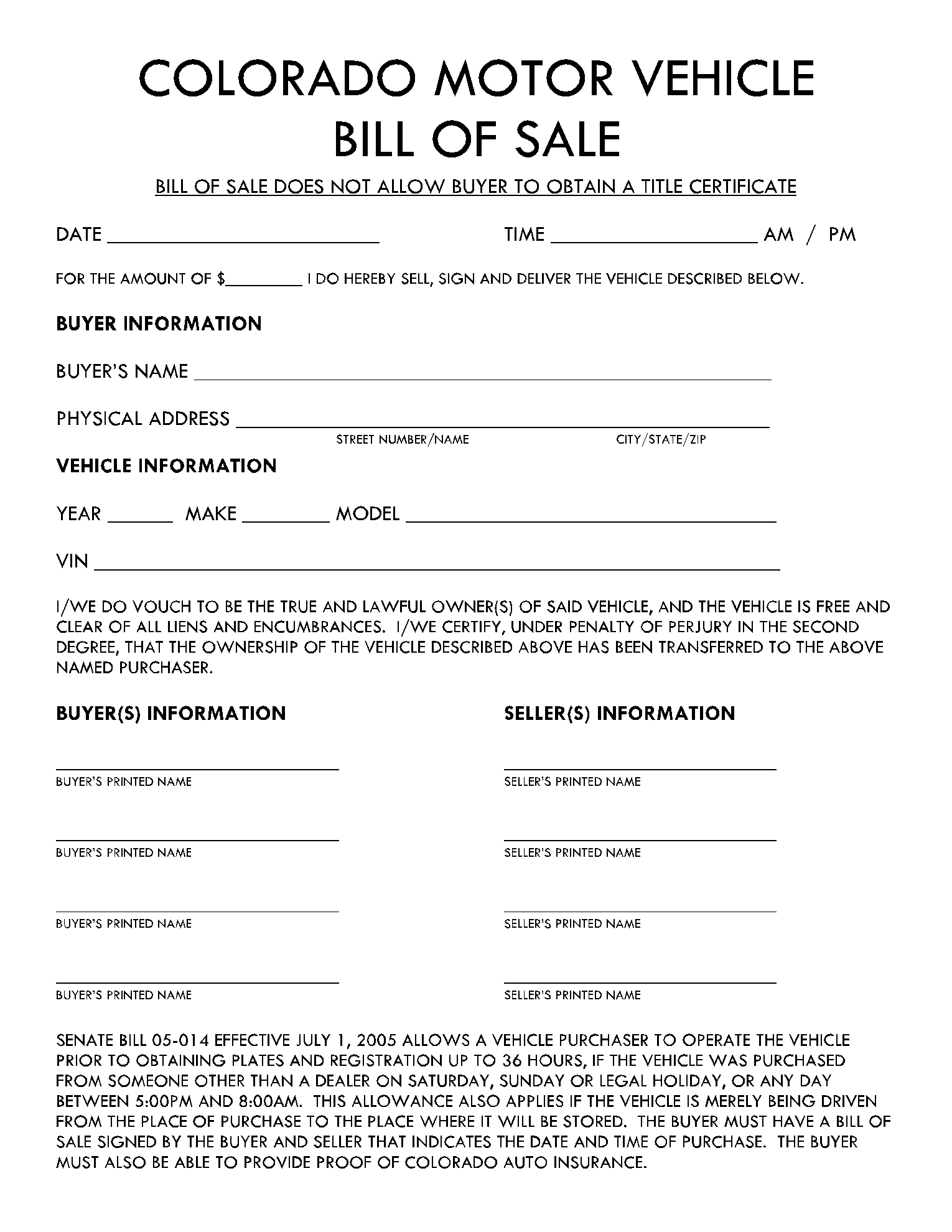 Printable Bill Of Sale Colorado Template Printable Bill Of Sale Colorado Template