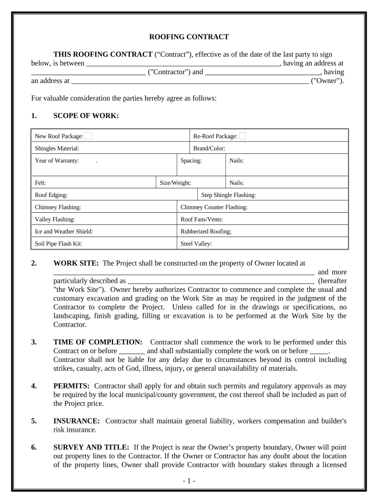 Fill In Blank Printable Roofing Contract Template