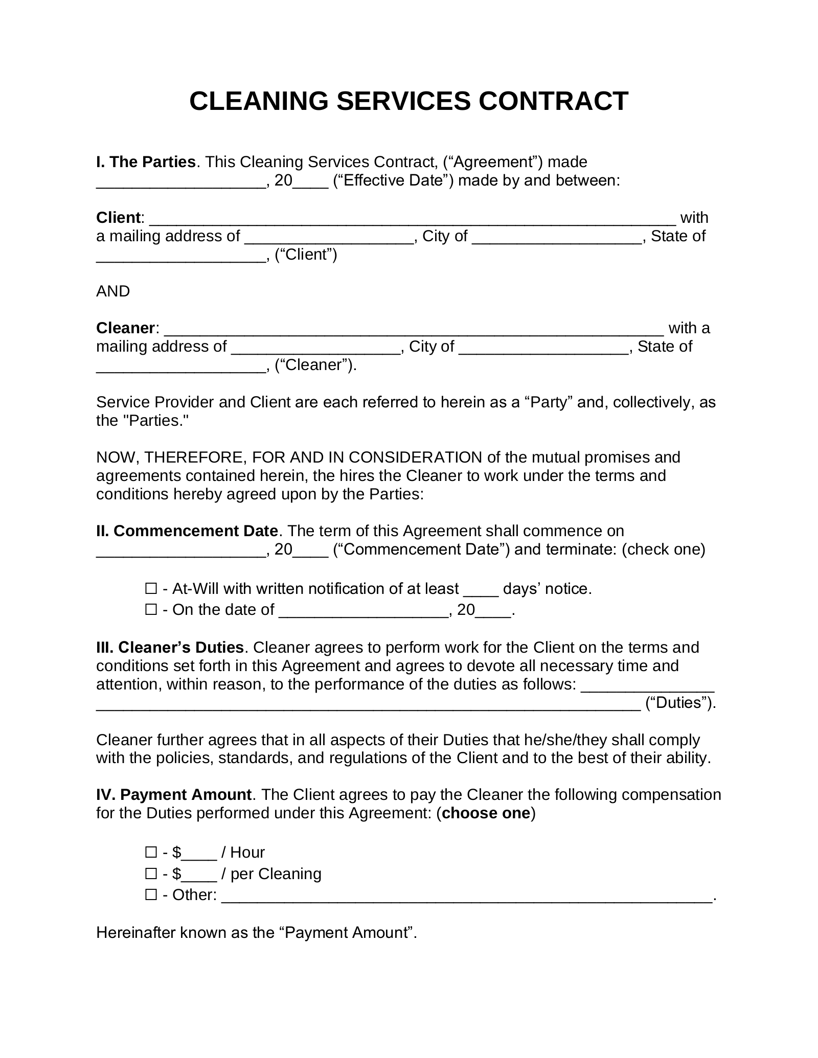 Janitorial Services Contract Printable Cleaning Contract Template