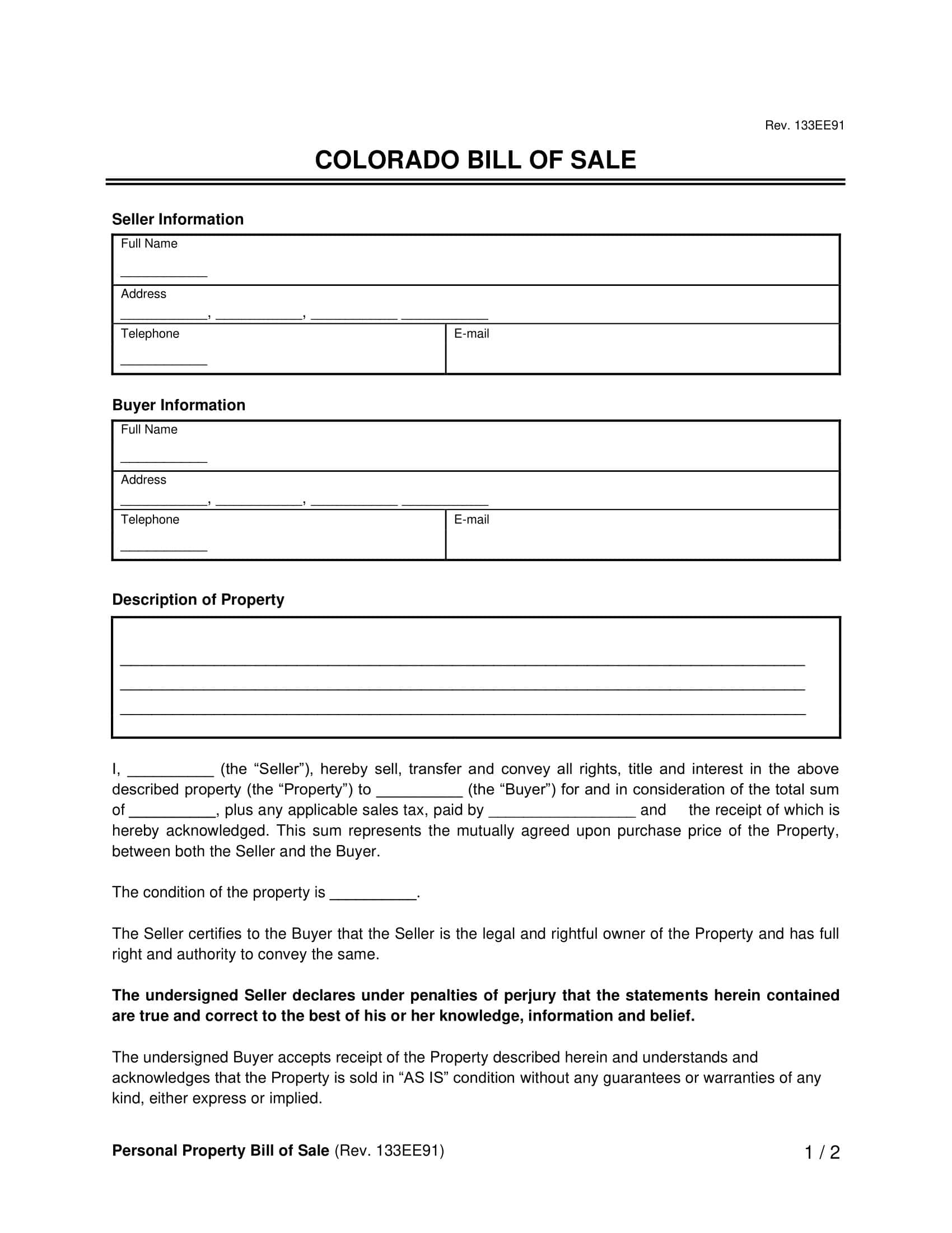 Free Colorado Bill Of Sale Forms PDF amp Word