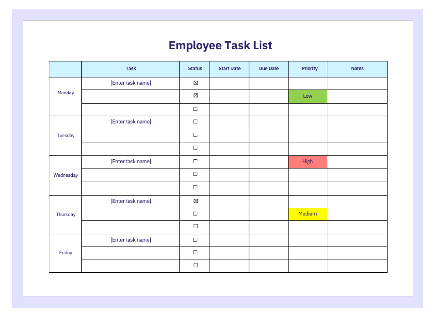 Printable Employee Task List Template