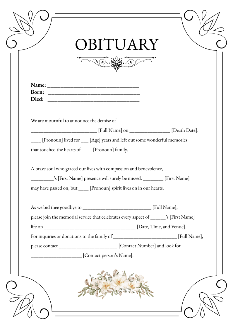 Blank Printable Obituary Template