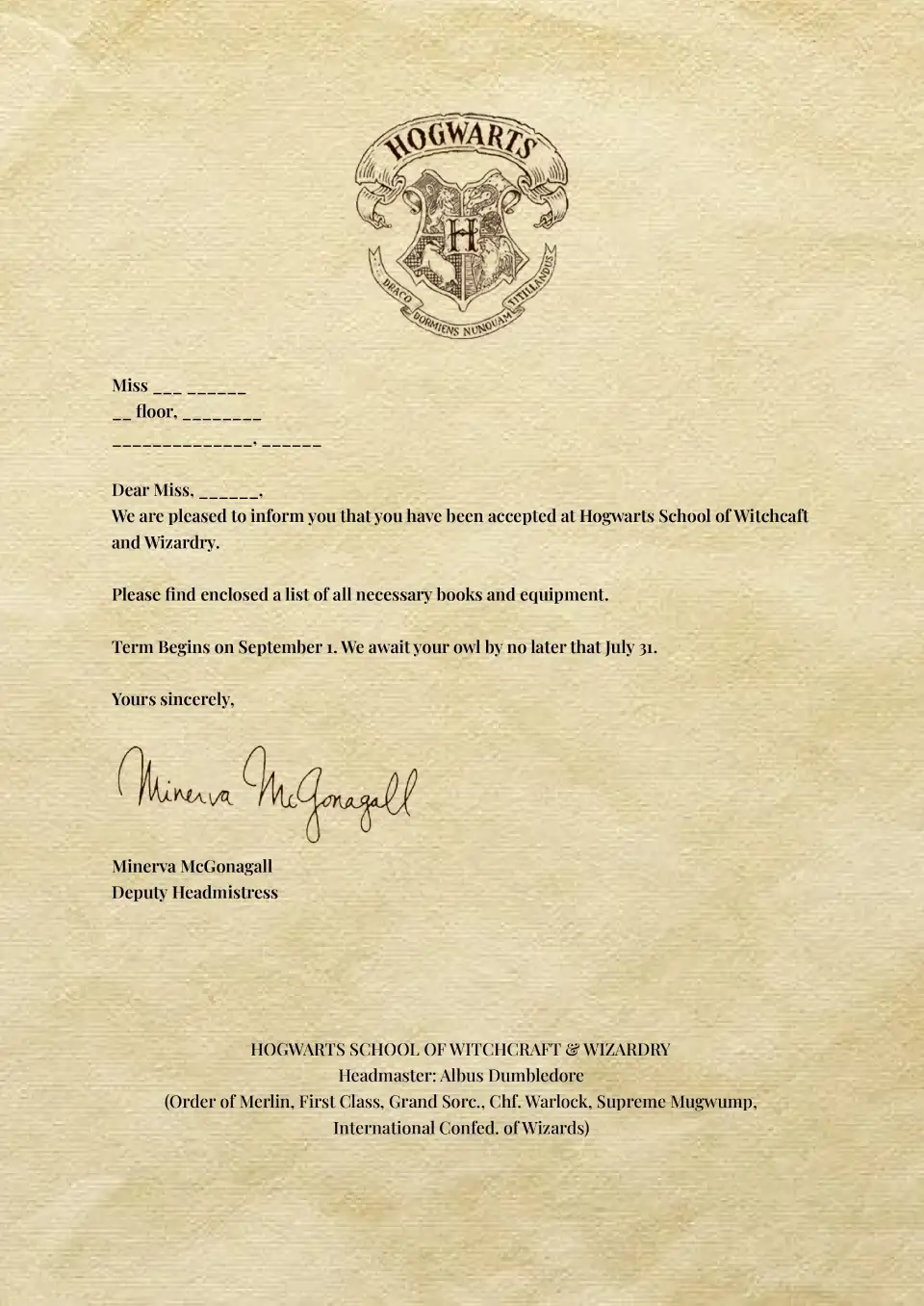 Printable Editable Printable Hogwarts Letter Template