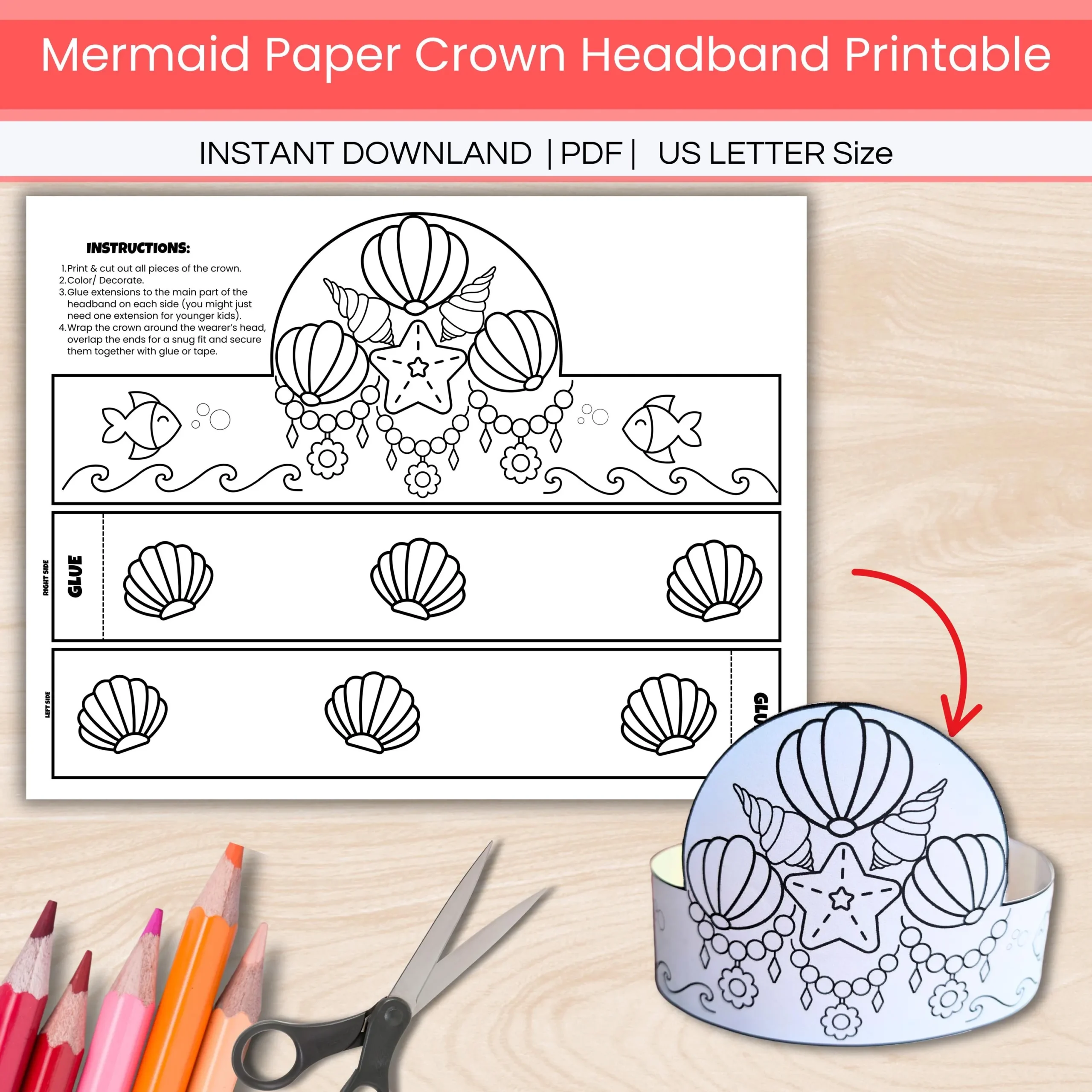 Mermaid Paper Crown Printable Kid Under The Sea Ocean Princess 