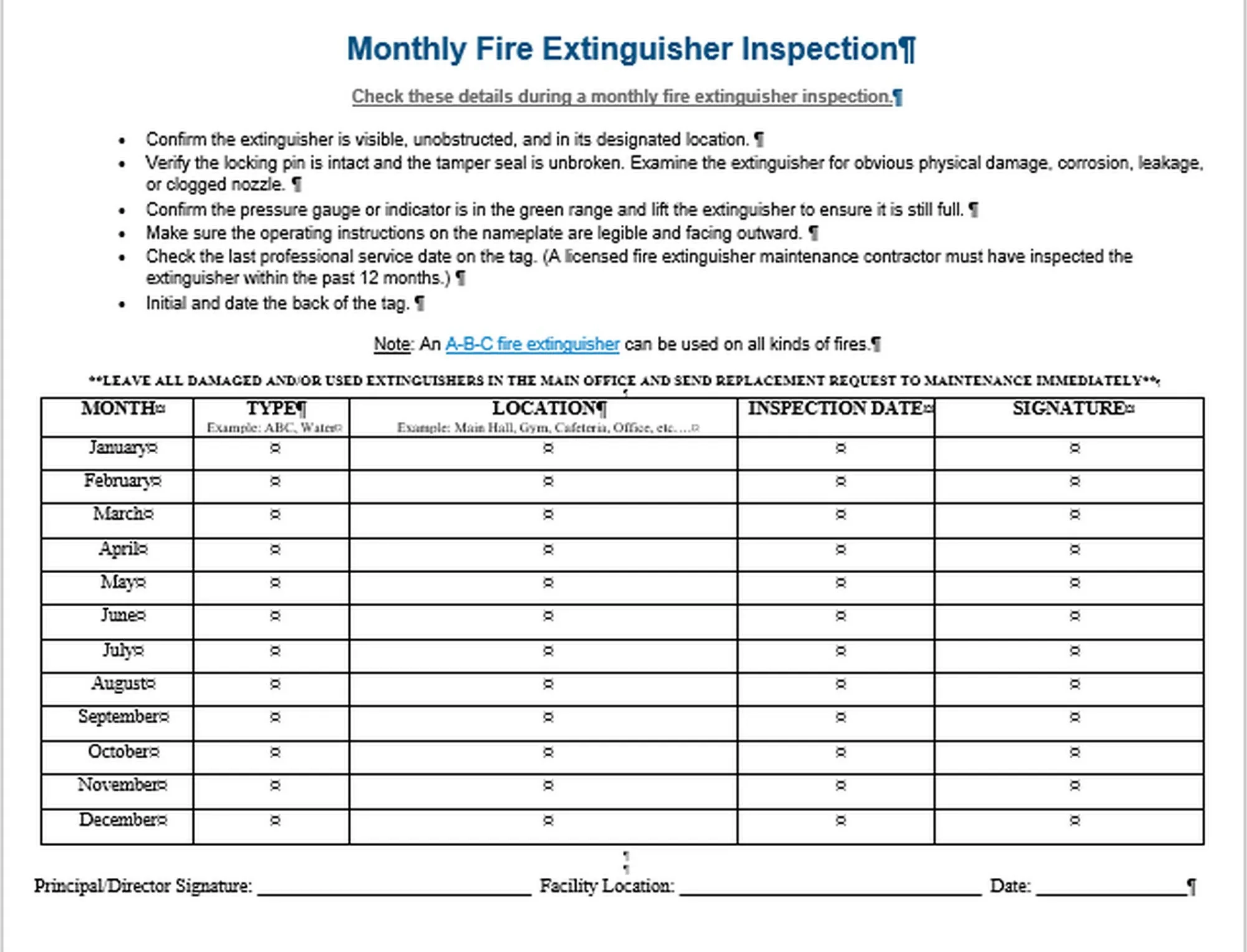 Monthly Fire Extinguishers Checklist And A Self inspection