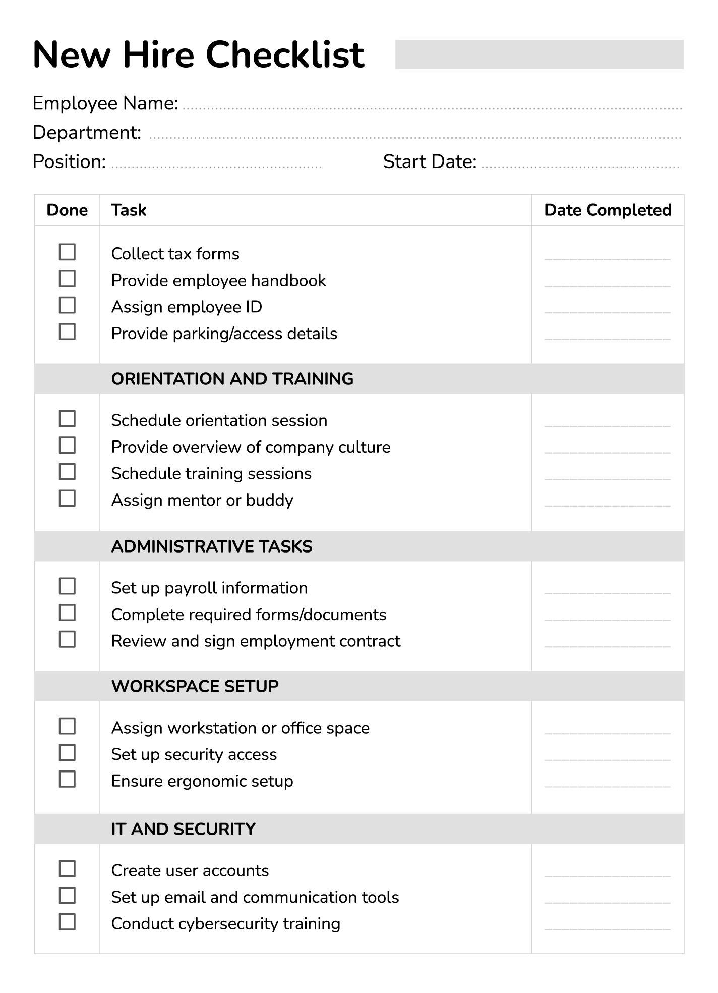 Free Printable Printable New Employee Checklist Template