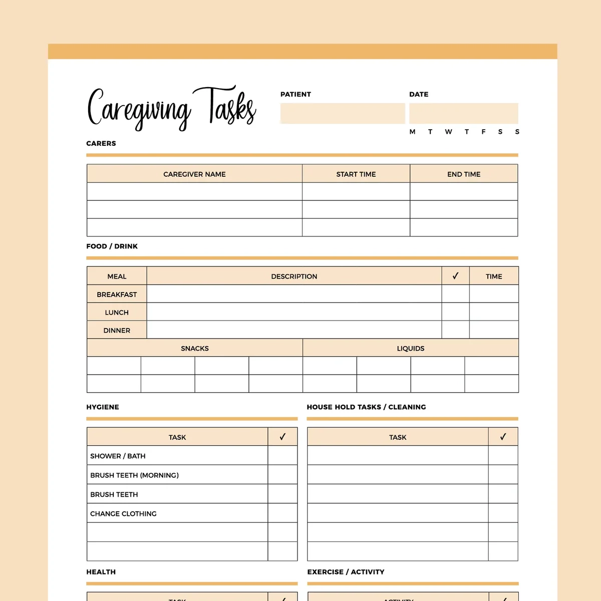 Responsibilities Printable Caregiver Daily Checklist Template