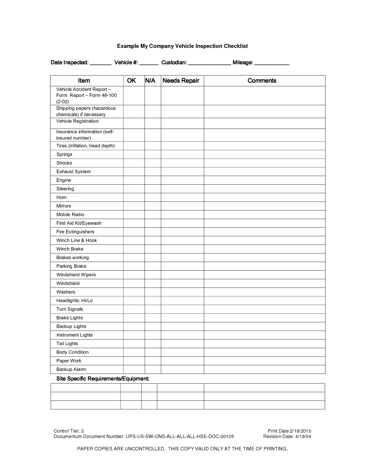 Printable Vehicle Inspection Checklist Template