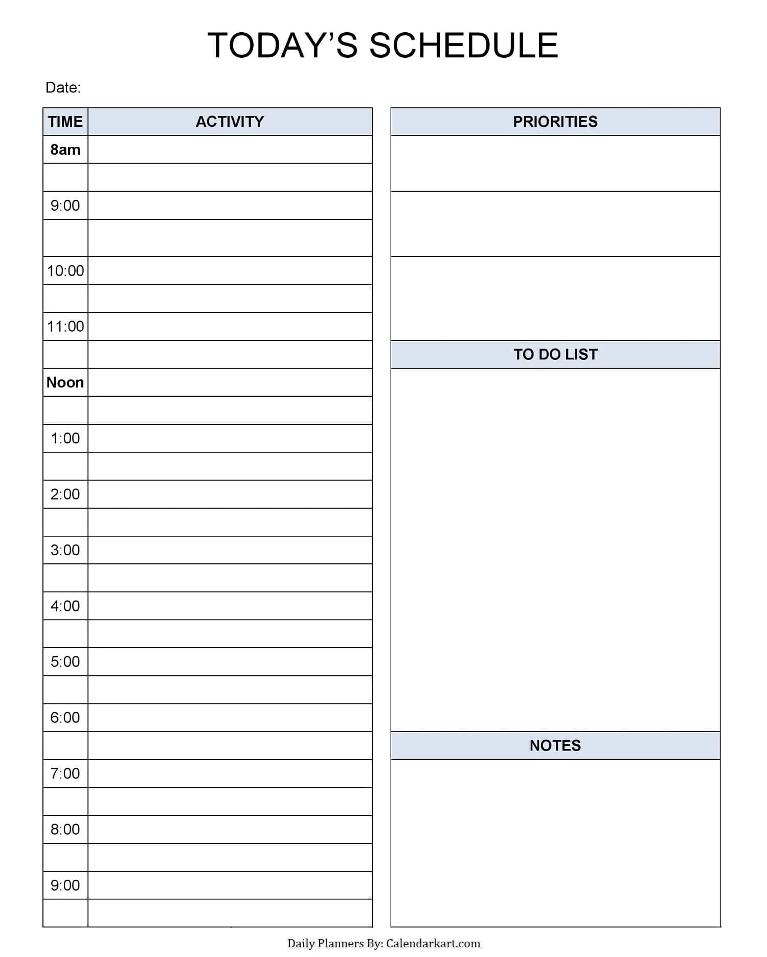 Printable Daily Calendar Template